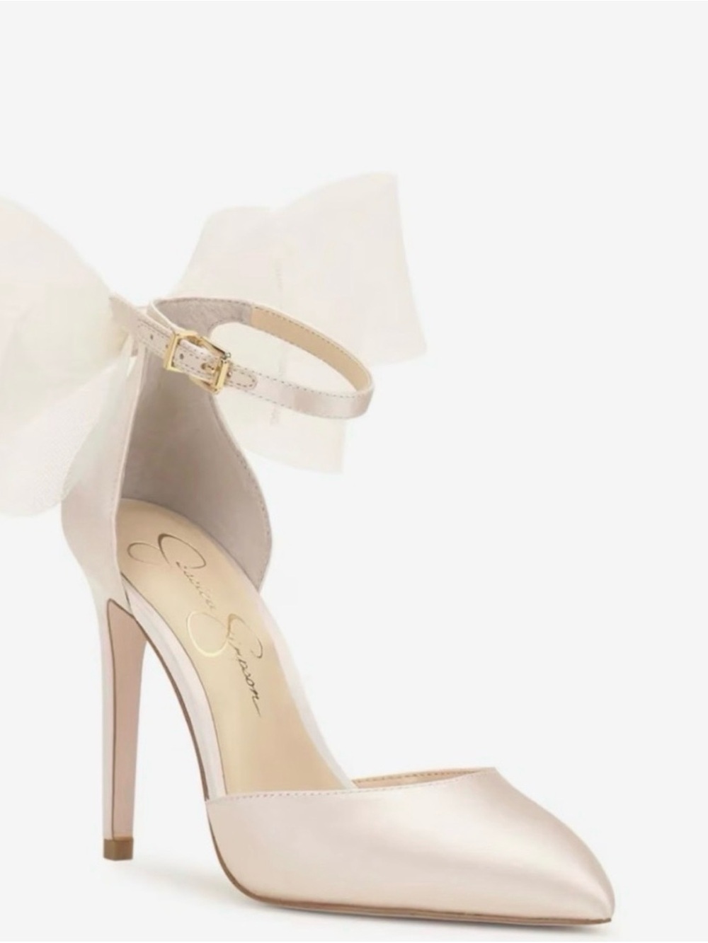 Jessica Simpson Champagne Pointed-Toe Ankle-Strap Heel with Bow